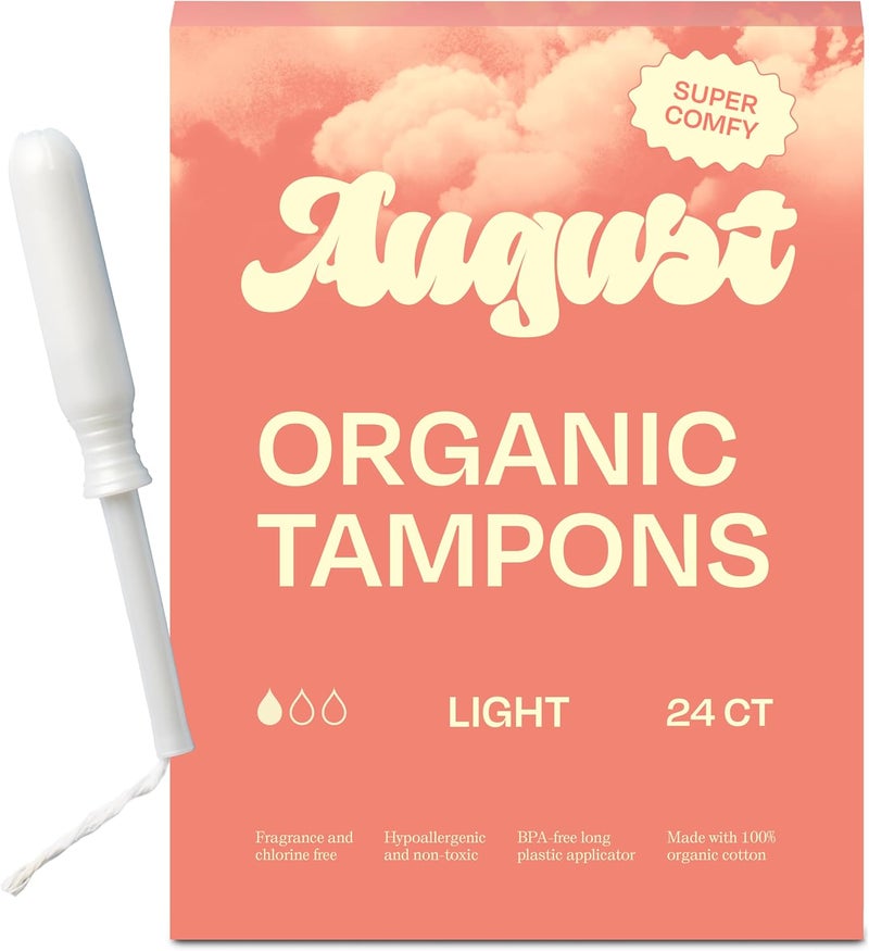 August Light Tampons - 24-Pack 100% Organic Cotton Tampons for Women and Anyone Who Menstruates, Non-Toxic, Fragrance-Free, and Hypoallergenic with Long Applicators - Image 1